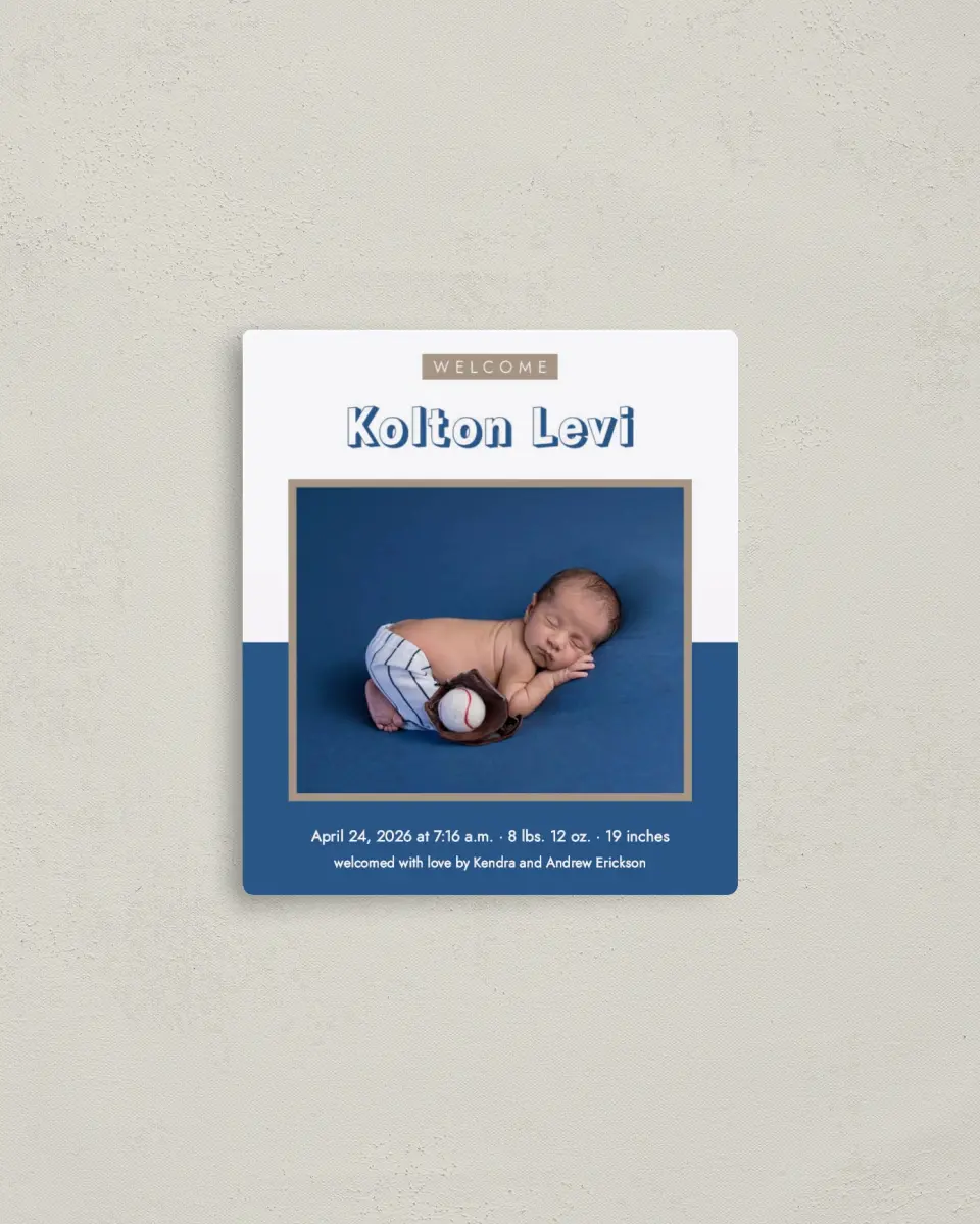 This is a 3½" x 4" Birth Announcement Magnet called Welcome Block printed in full color with a Luxe Satin finish