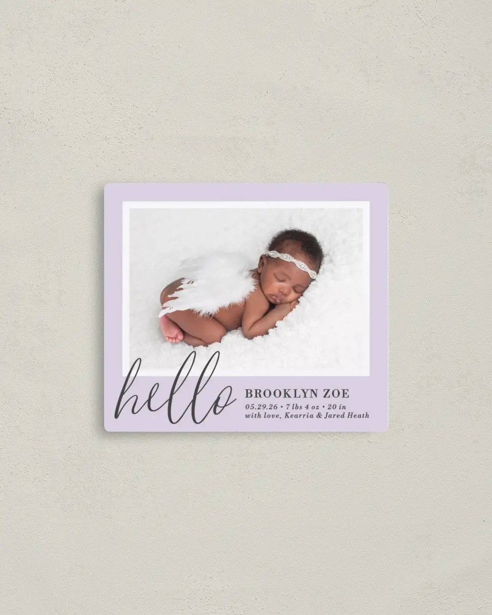 This is a 3½" x 4" Birth Announcement Magnet called Chic Hello printed in full color with a Luxe Satin finish