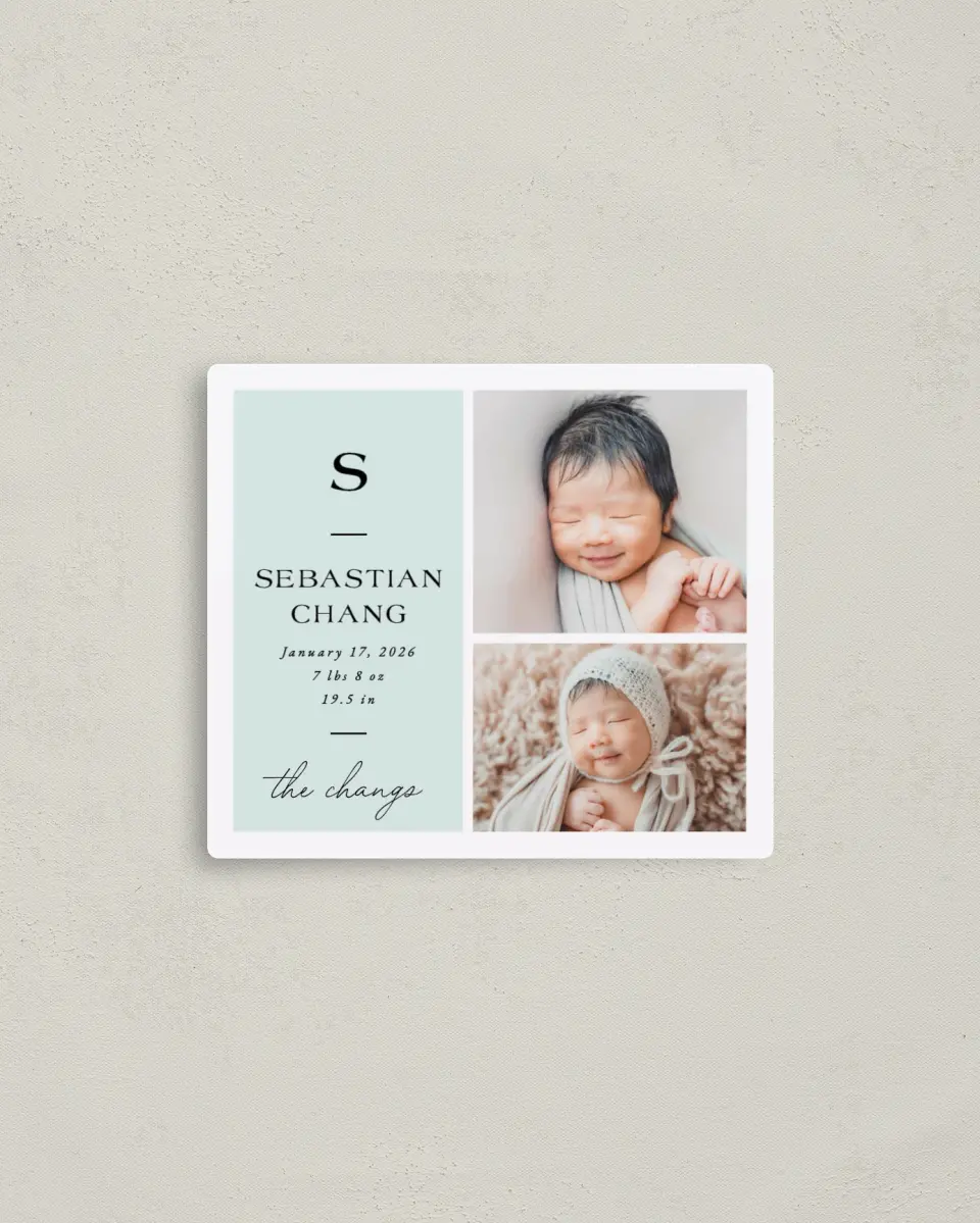 This is a 3½" x 4" Birth Announcement Magnet called Simple Initial printed in full color with a Luxe Satin finish