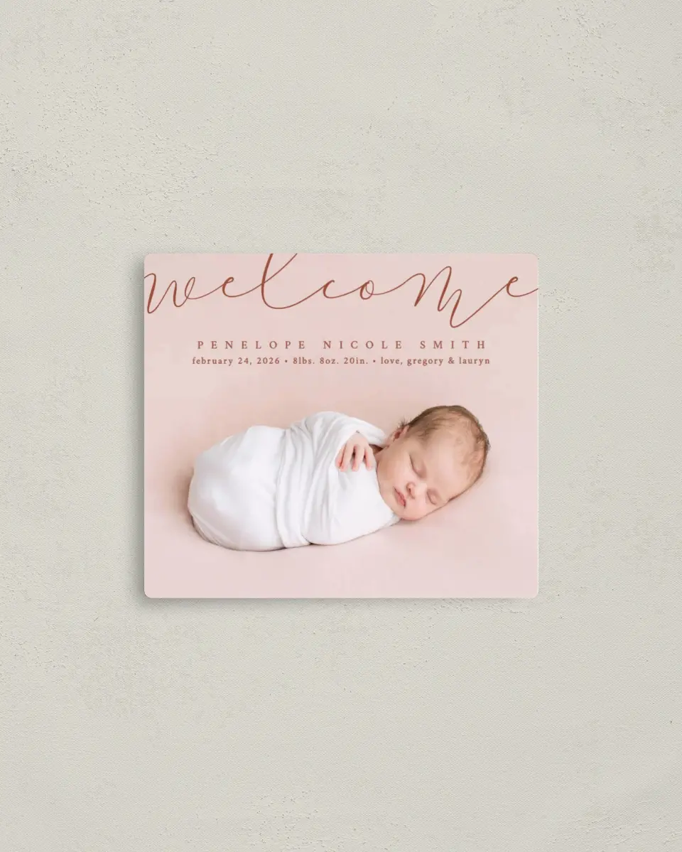 This is a 3½" x 4" Birth Announcement Magnet called Blissful Welcome printed in full color with a Luxe Satin finish