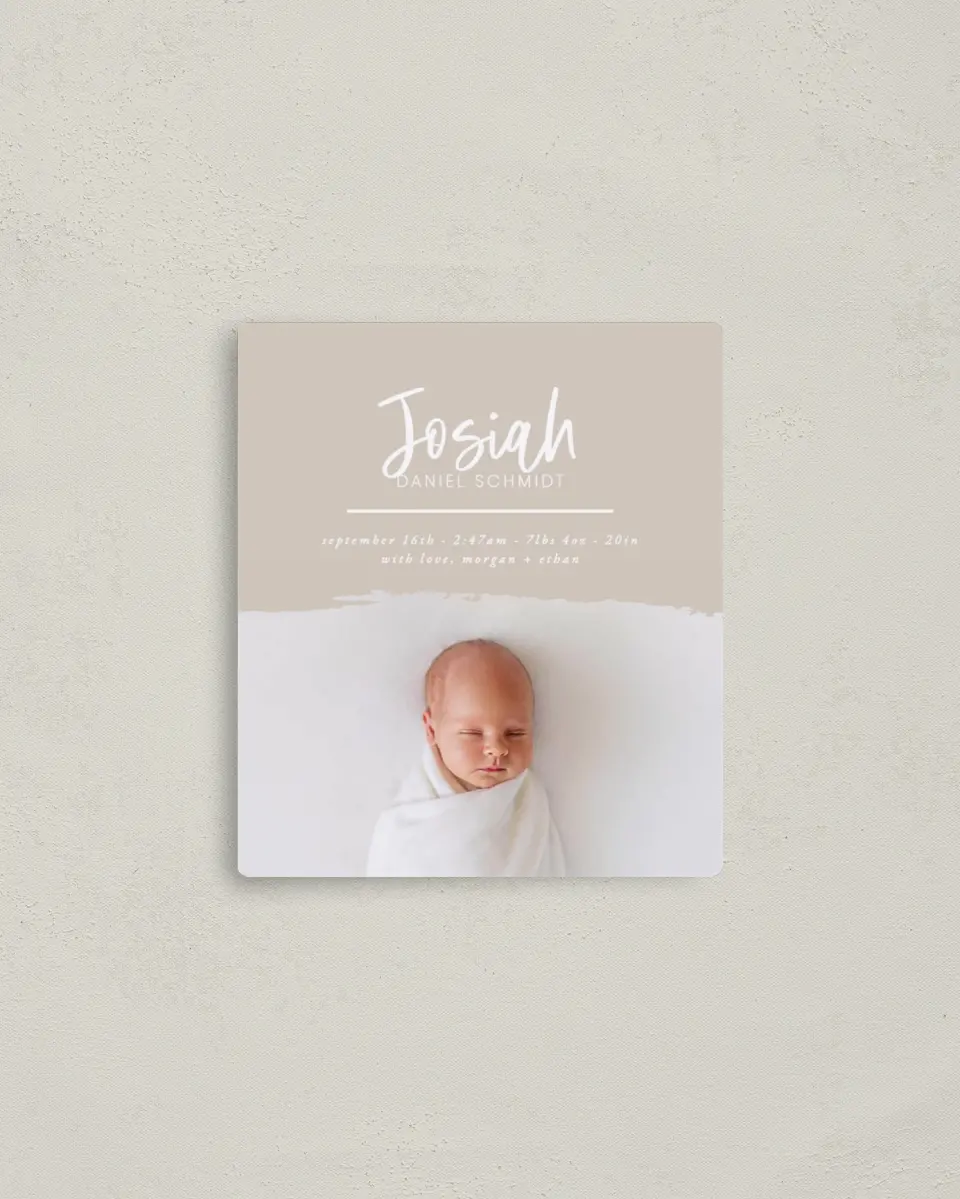 This is a 3½" x 4" Birth Announcement Magnet called Modern Brush printed in full color with a Luxe Satin finish