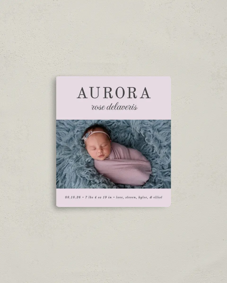 This is a 3½" x 4" Birth Announcement Magnet called Serene Debut printed in full color with a Luxe Satin finish