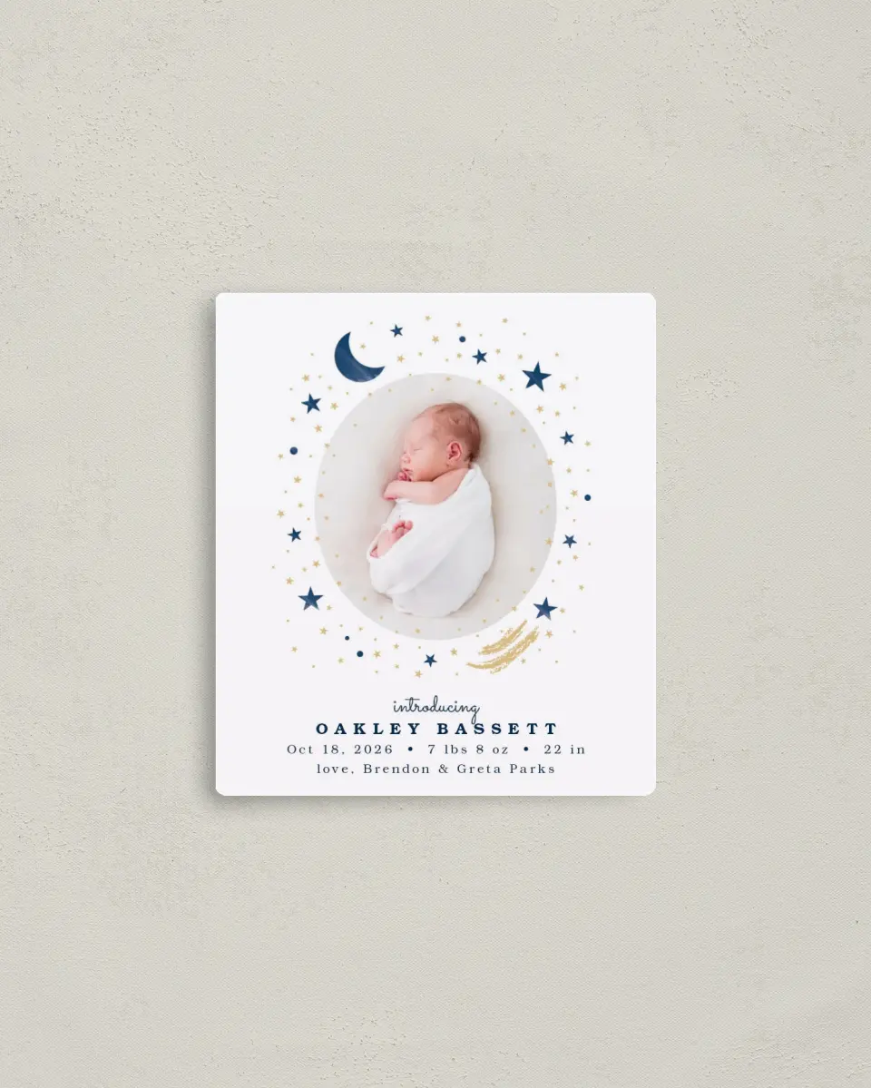 This is a 3½" x 4" Birth Announcement Magnet called Moon and Stars printed in full color with a Luxe Satin finish