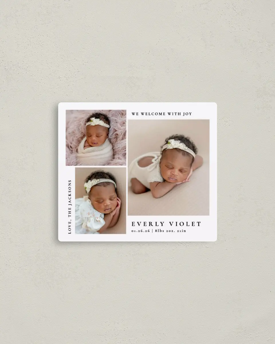 This is a 3½" x 4" Birth Announcement Magnet called Treasured printed in full color with a Luxe Satin finish