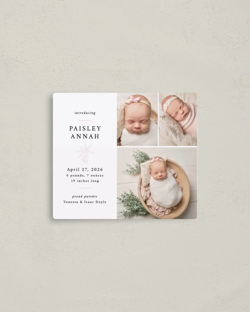 This is a 3½" x 4" Birth Announcement Magnet called Dainty Darling printed in full color with a Luxe Satin finish