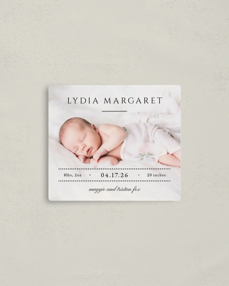 This is a 3½" x 4" Birth Announcement Magnet called Tiny Treasure printed in full color with a Luxe Satin finish