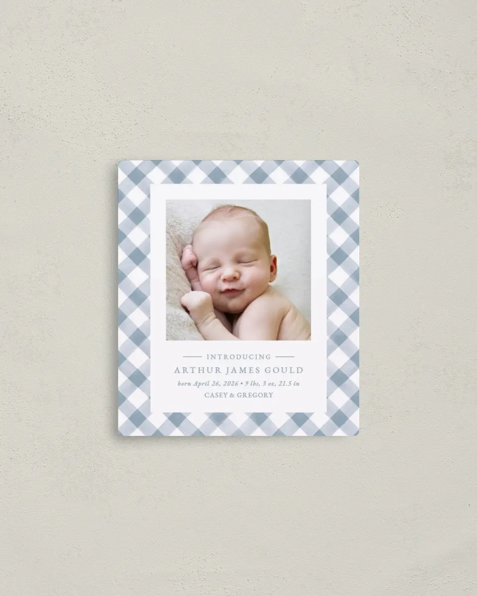 This is a 3½" x 4" Birth Announcement Magnet called Checked Cutie printed in full color with a Luxe Satin finish