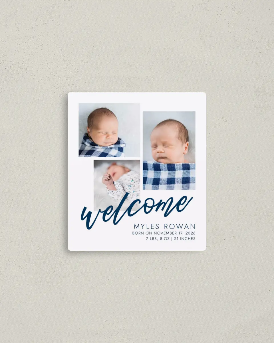 This is a 3½" x 4" Birth Announcement Magnet called Joyous Welcome printed in full color with a Luxe Satin finish