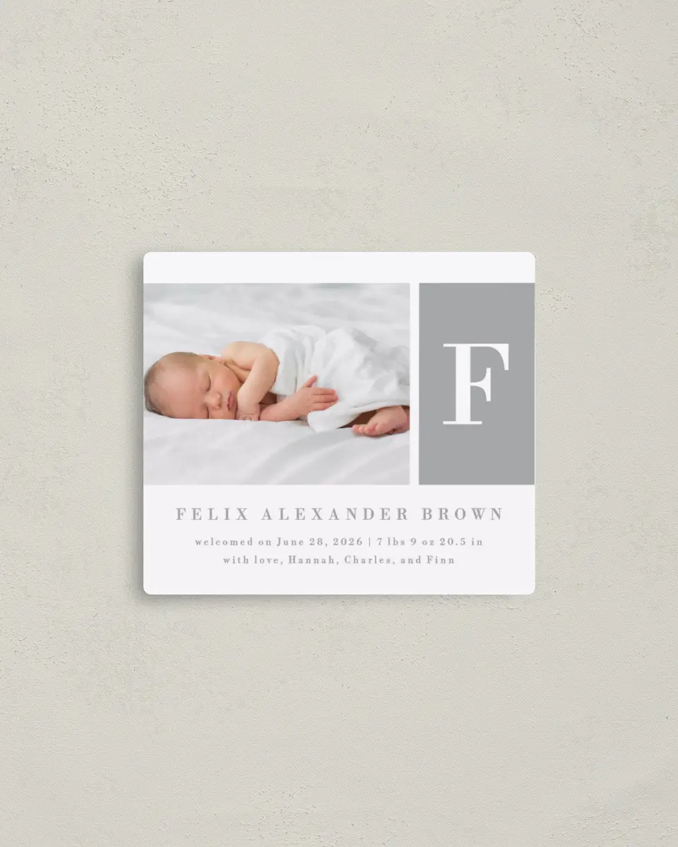 This is a 3½" x 4" Birth Announcement Magnet called Minimal Monogram printed in full color with a Luxe Satin finish