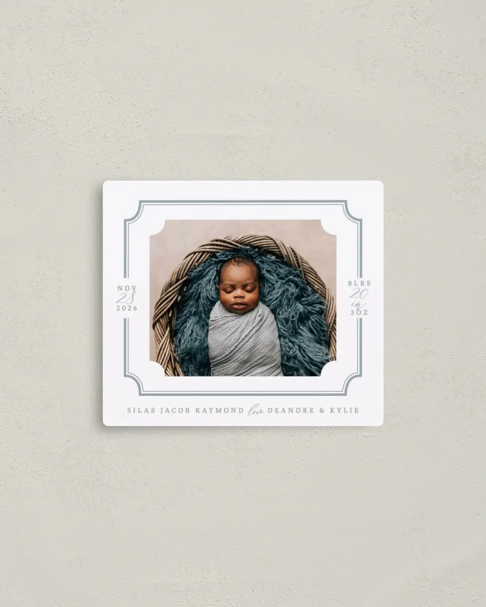 This is a 3½" x 4" Birth Announcement Magnet called Elegant Border printed in full color with a Luxe Satin finish