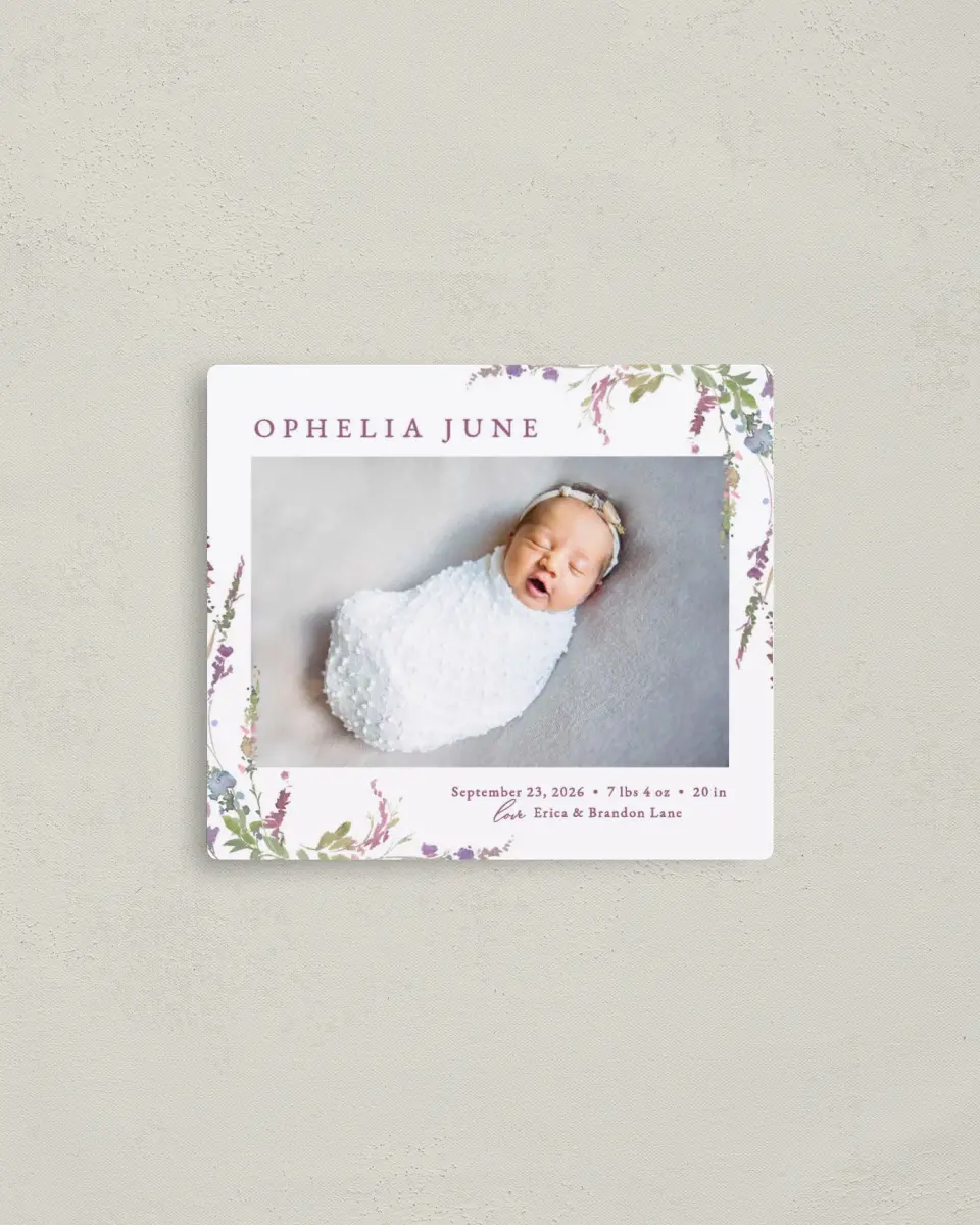 This is a 3½" x 4" Birth Announcement Magnet called Flower Child printed in full color with a Luxe Satin finish