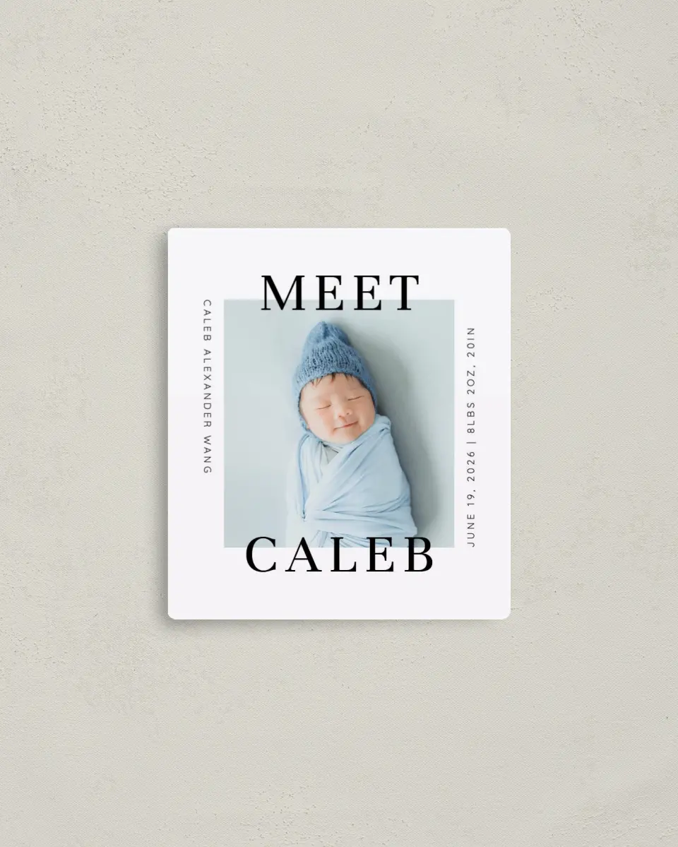 This is a 3½" x 4" Birth Announcement Magnet called Modern Meeting printed in full color with a Luxe Satin finish
