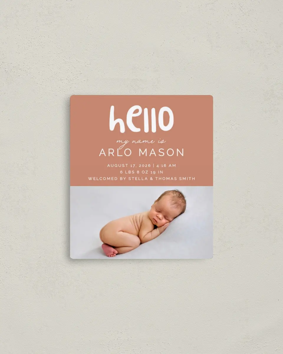 This is a 3½" x 4" Birth Announcement Magnet called Cute Hello printed in full color with a Luxe Satin finish