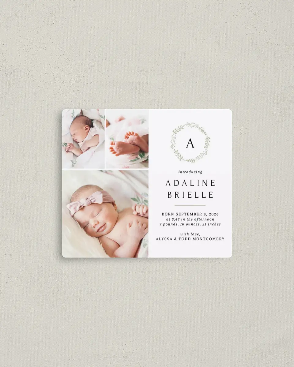 This is a 3½" x 4" Birth Announcement Magnet called Welcome Wreath printed in full color with a Luxe Satin finish