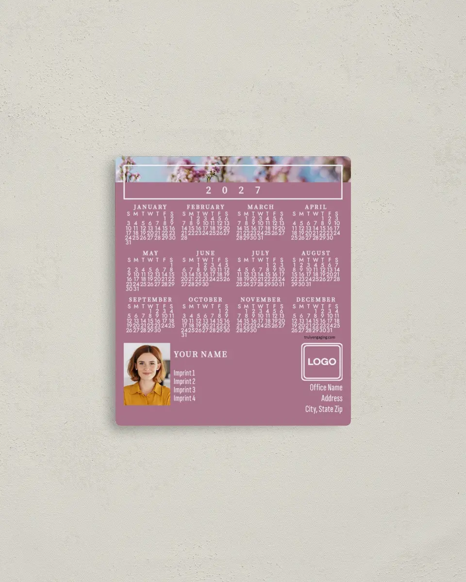 This is a 3½" x 4" Full Magnet Calendar called Bordered Blossom printed in full color with a Standard Gloss finish