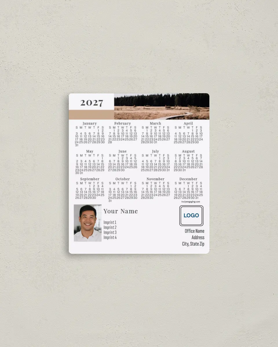 This is a 3½" x 4" Full Magnet Calendar called Modern Path printed in full color with a Standard Gloss finish
