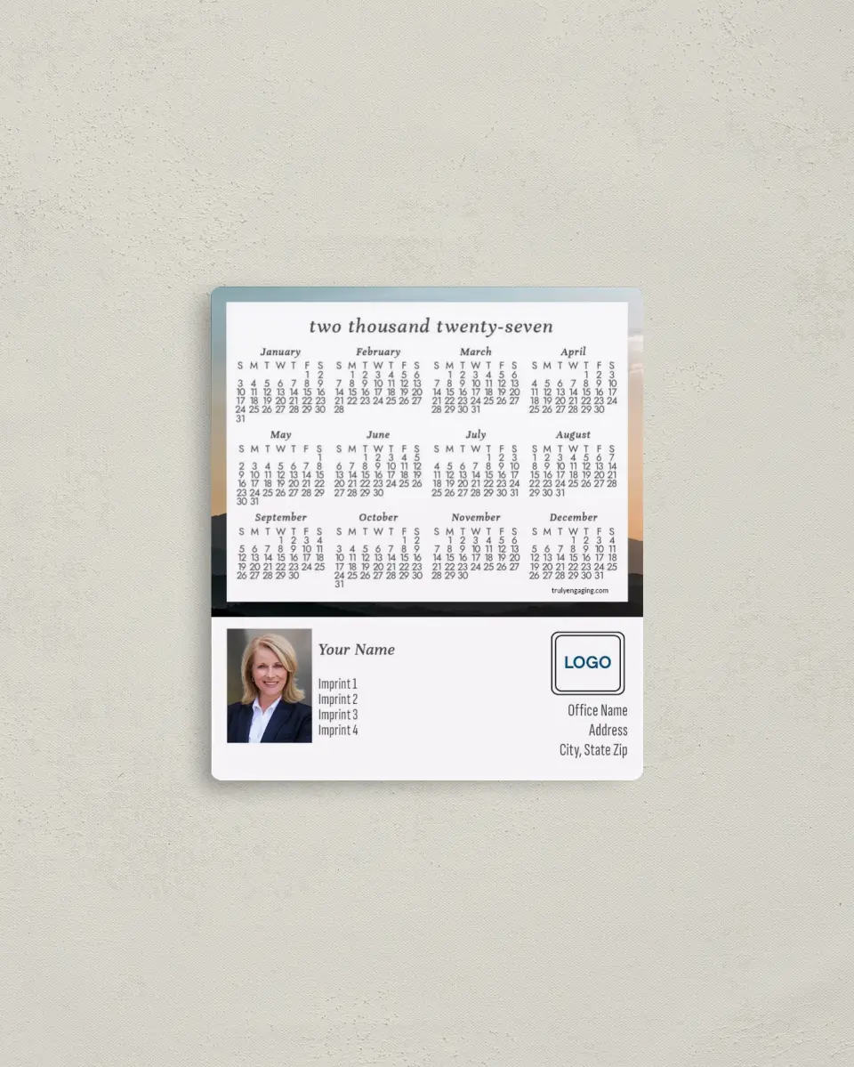 This is a 3½" x 4" Full Magnet Calendar called Subtle Sunrise printed in full color with a Standard Gloss finish