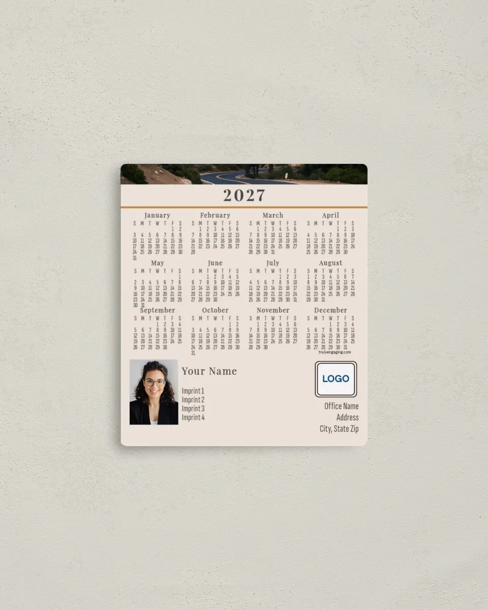 This is a 3½" x 4" Full Magnet Calendar called On the Road printed in full color with a Standard Gloss finish