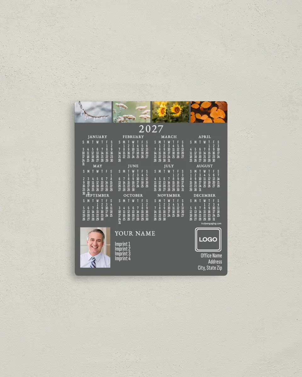 This is a 3½" x 4" Full Magnet Calendar called Seasonal Dates printed in full color with a Standard Gloss finish