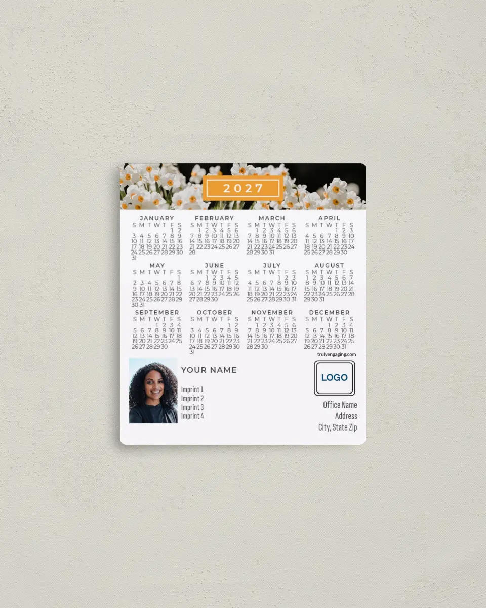 This is a 3½" x 4" Full Magnet Calendar called Daffodil Display printed in full color with a Standard Gloss finish