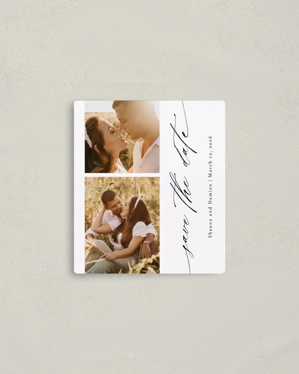This is a 3½" x 4" Save the Date Magnet called Special Script printed in full color with a Luxe Satin finish