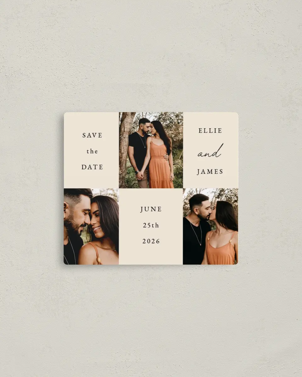 This is a 3½" x 4" Save the Date Magnet called Quiet Affection printed in full color with a Luxe Satin finish