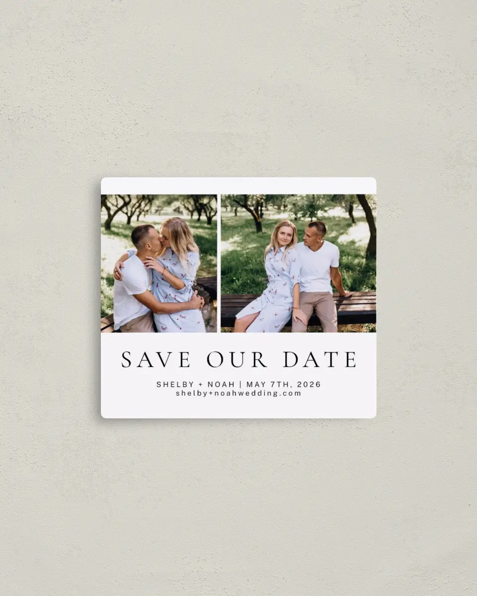 This is a 3½" x 4" Save the Date Magnet called Grand Devotion printed in full color with a Luxe Satin finish