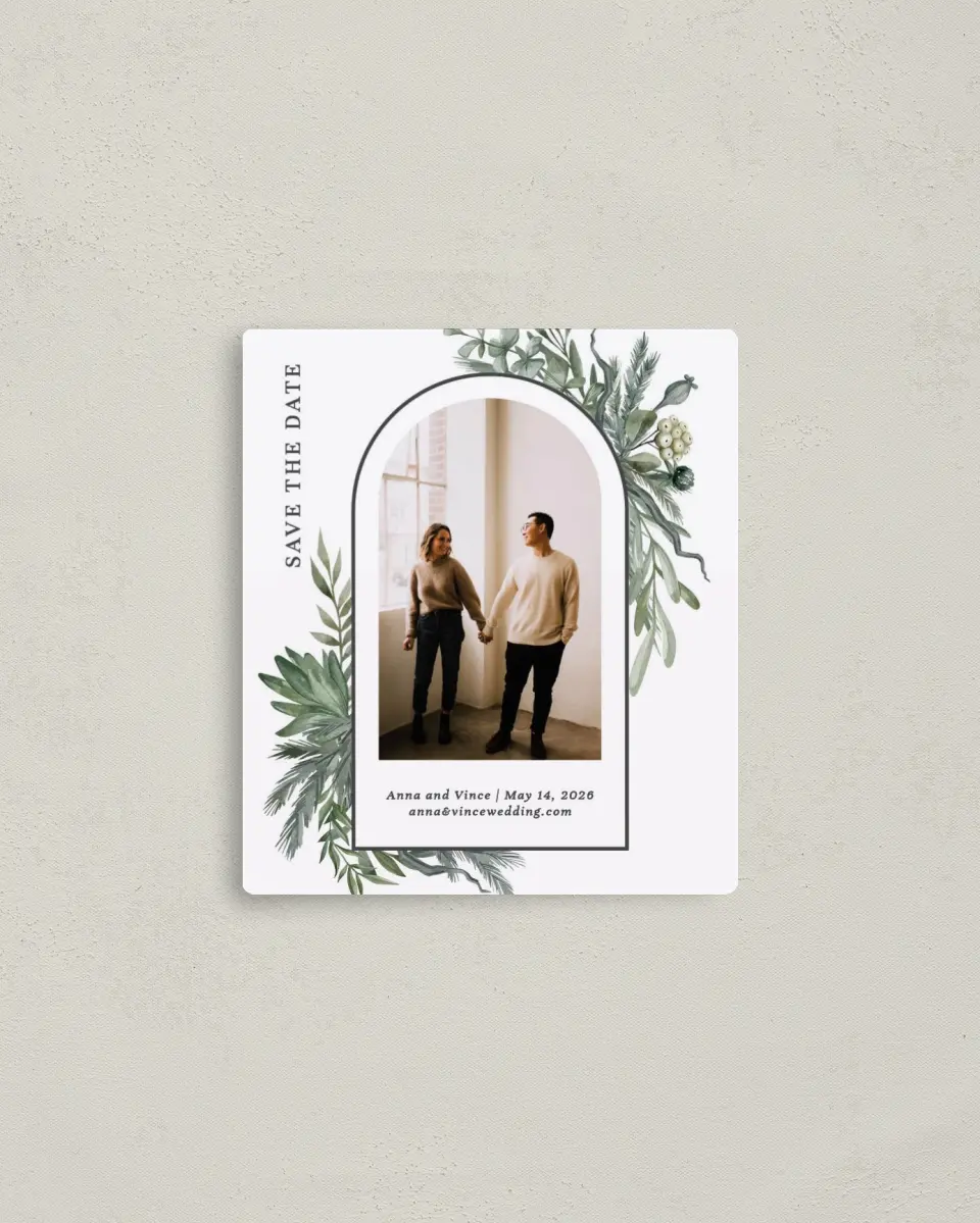 This is a 3½" x 4" Save the Date Magnet called Greenery Arch printed in full color with a Luxe Satin finish