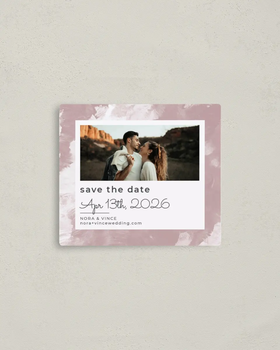 This is a 3½" x 4" Save the Date Magnet called Painted Passion printed in full color with a Luxe Satin finish