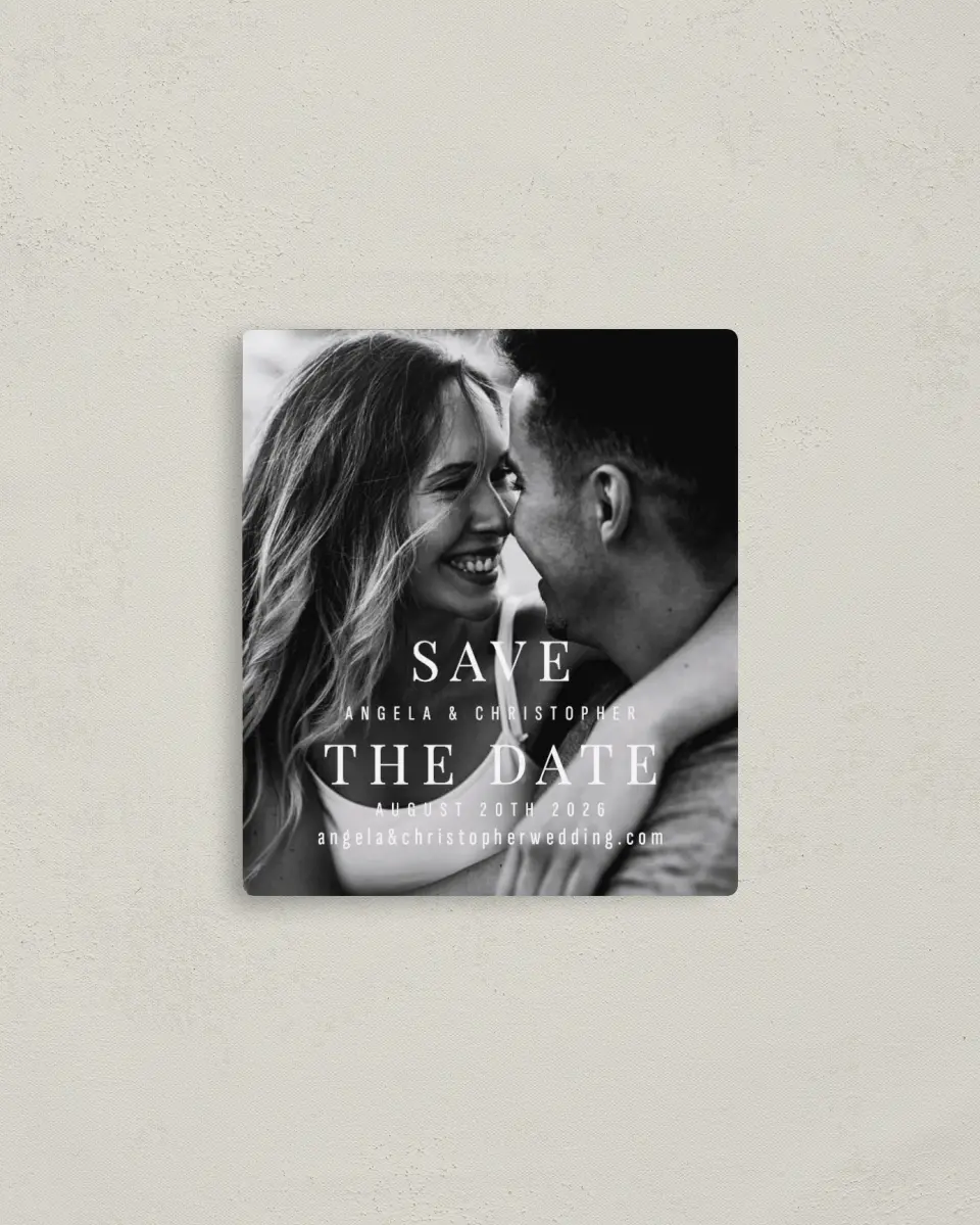 This is a 3½" x 4" Save the Date Magnet called Lovely Memory printed in full color with a Luxe Satin finish