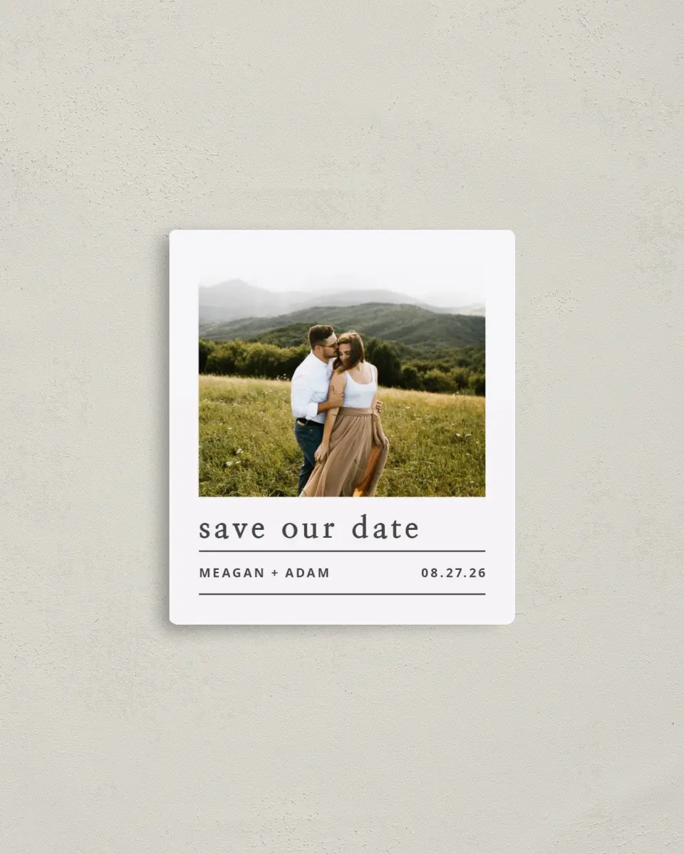 This is a 3½" x 4" Save the Date Magnet called Clear Choice printed in full color with Rose Gold foil and a Luxe Satin finish