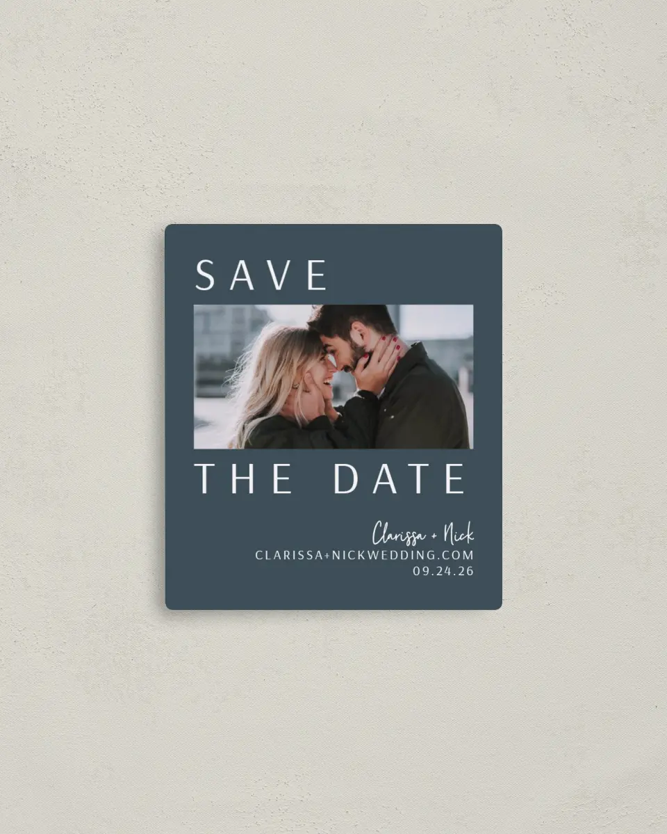 This is a 3½" x 4" Save the Date Magnet called Modest Emotion printed in full color with a Luxe Satin finish