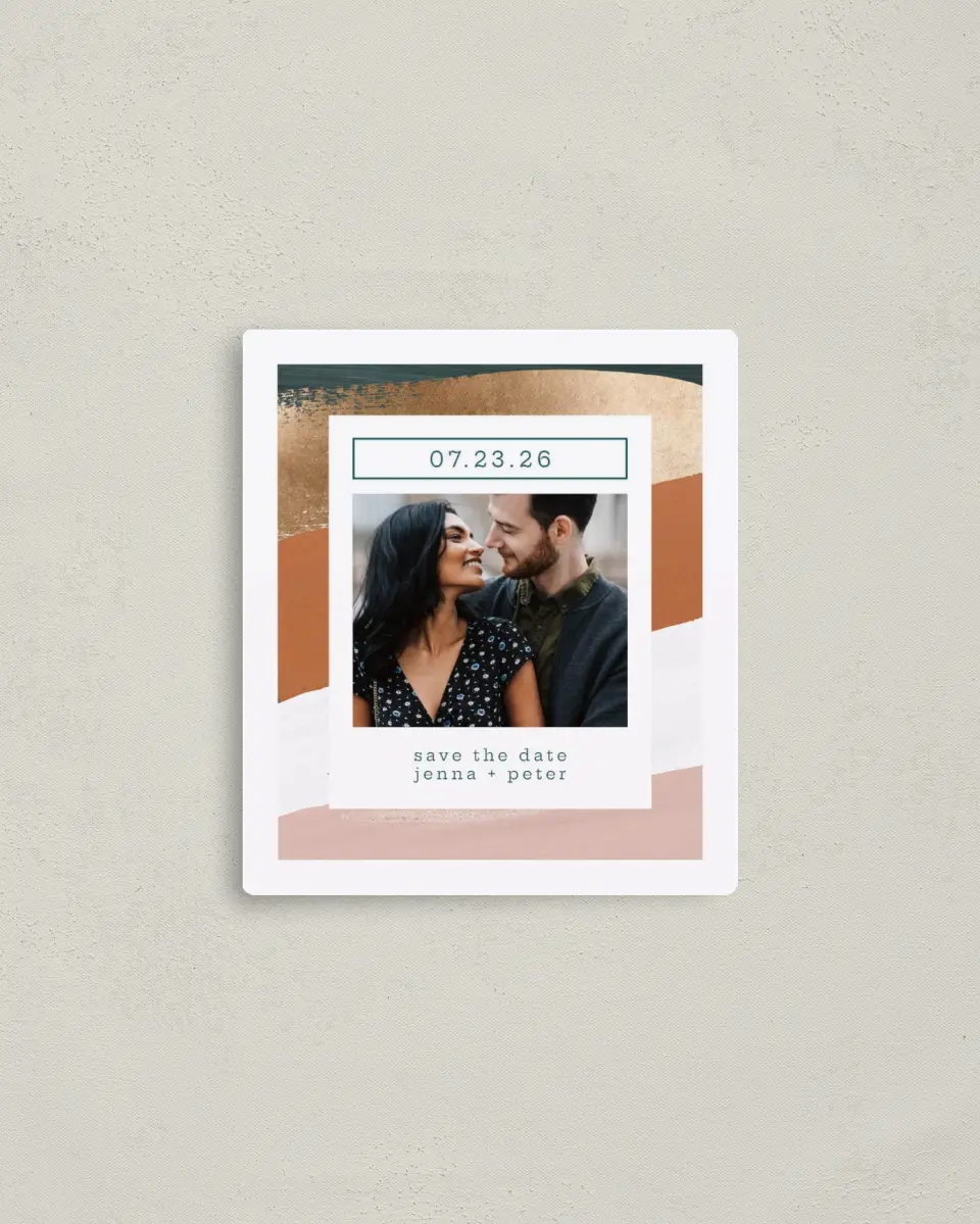 This is a 3½" x 4" Save the Date Magnet called Tasteful Texture printed in full color with a Luxe Satin finish