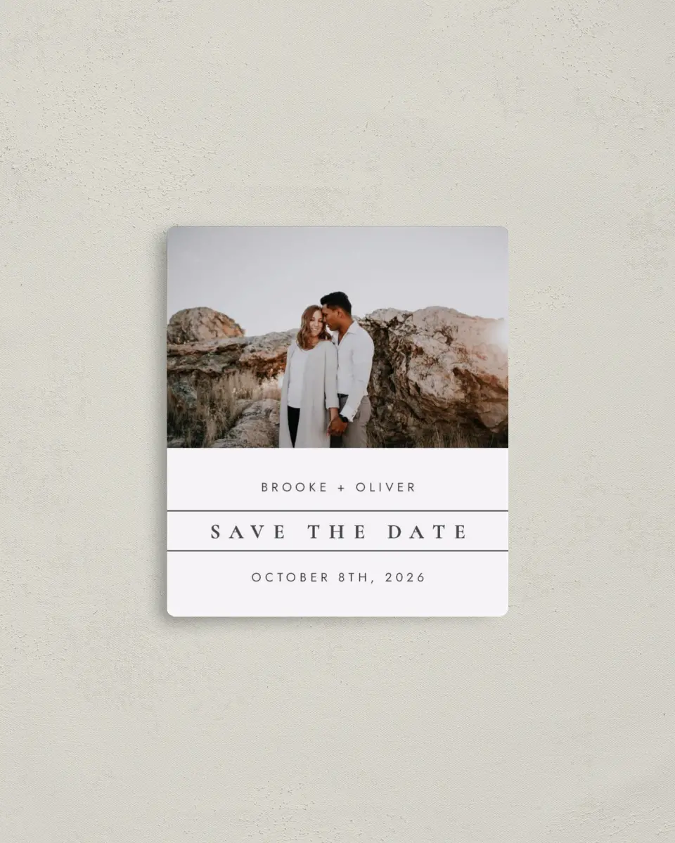 This is a 3½" x 4" Save the Date Magnet called Honest Friendship printed in full color with a Luxe Satin finish