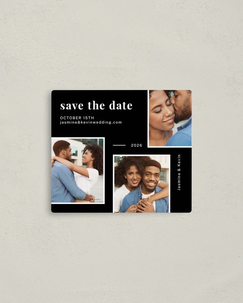 This is a 3½" x 4" Save the Date Magnet called Secure Joy printed in full color with a Luxe Satin finish
