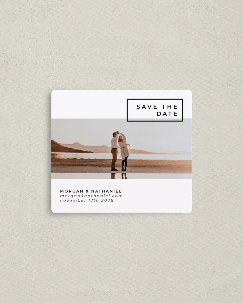 This is a 3½" x 4" Save the Date Magnet called Passionate Panorama printed in full color with a Luxe Satin finish