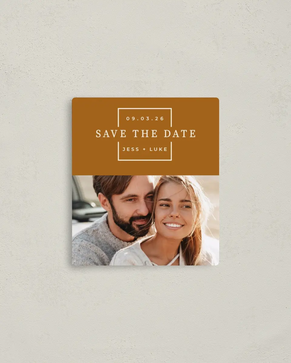 This is a 3½" x 4" Save the Date Magnet called Sentimental Square printed in full color with a Luxe Satin finish