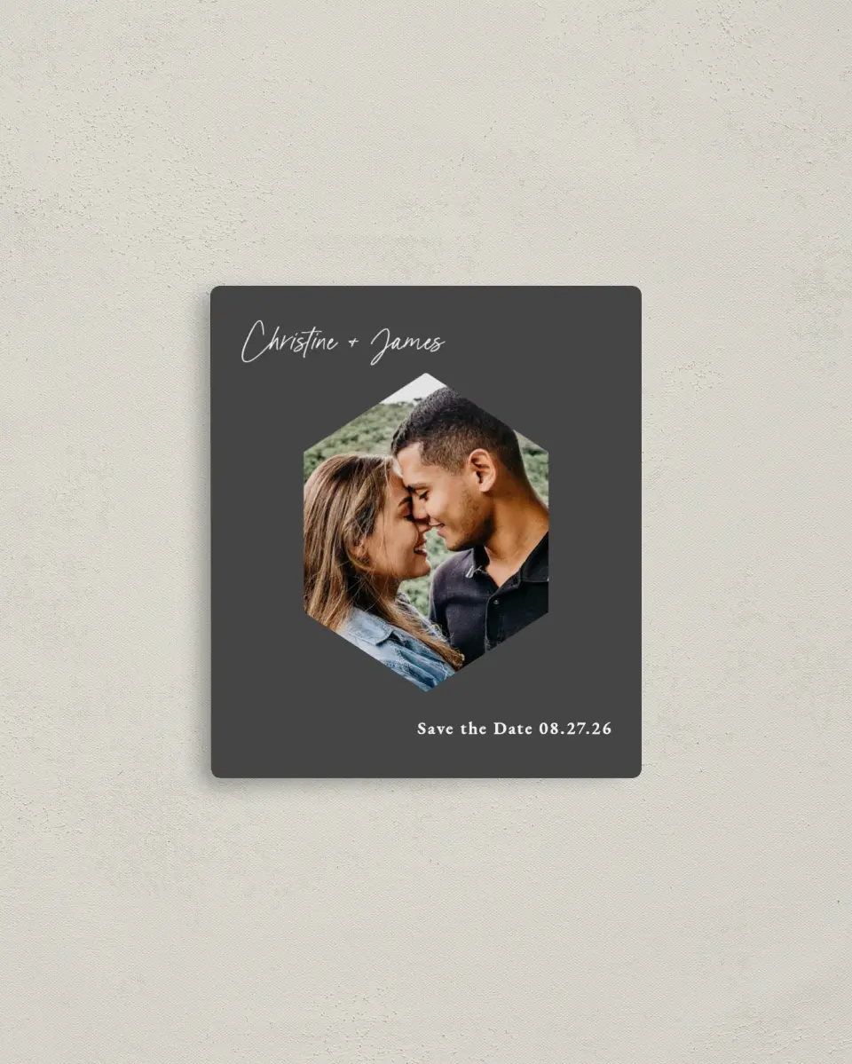 This is a 3½" x 4" Save the Date Magnet called Hexagon Embrace printed in full color with a Luxe Satin finish