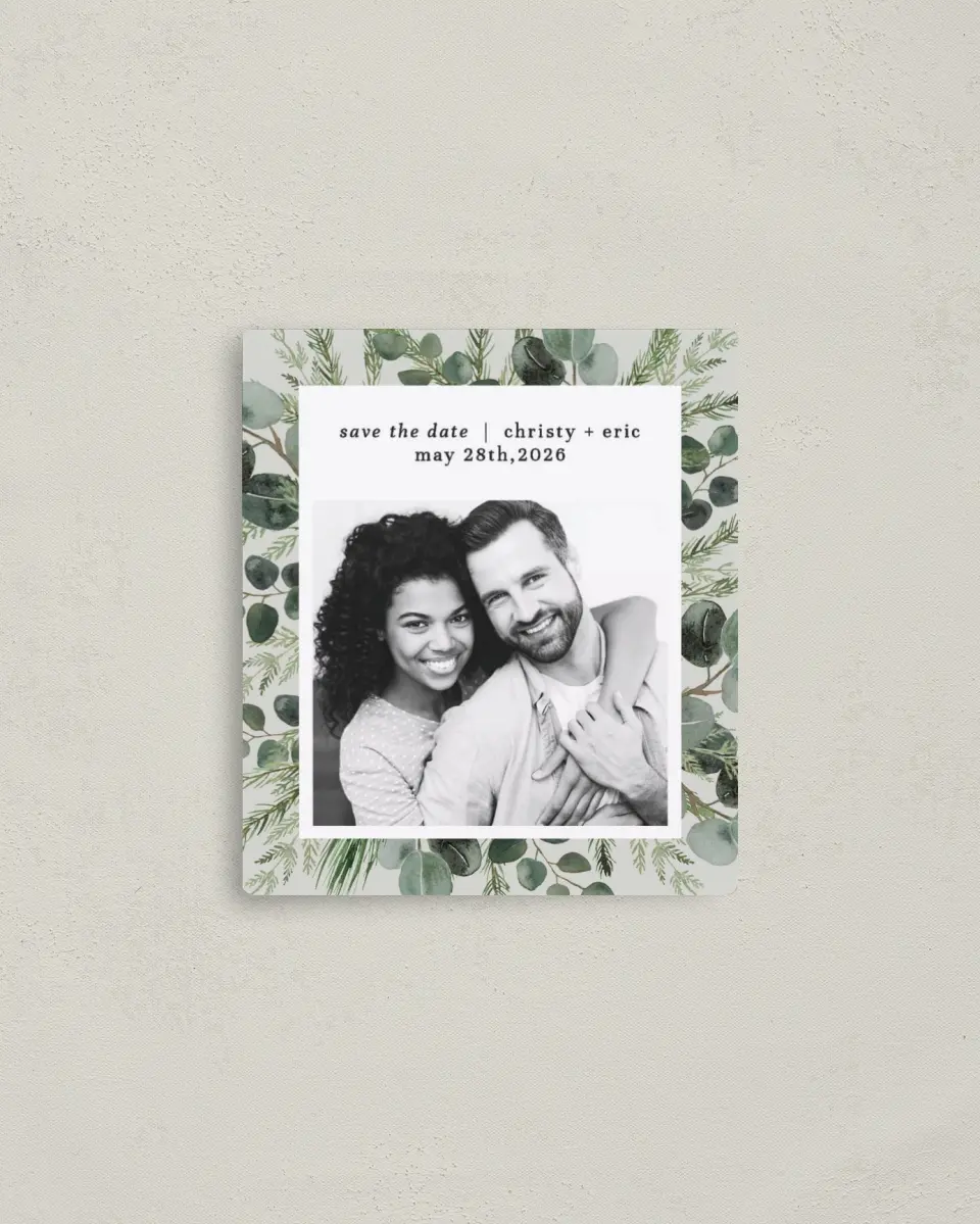 This is a 3½" x 4" Save the Date Magnet called Laurel Squeeze printed in full color with a Luxe Satin finish