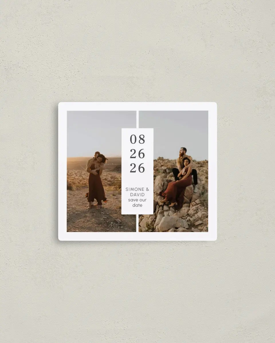 This is a 3½" x 4" Save the Date Magnet called In Between printed in full color with a Luxe Satin finish