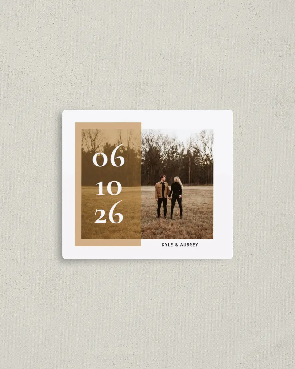 This is a 3½" x 4" Save the Date Magnet called Stylish Overlay printed in full color with a Luxe Satin finish