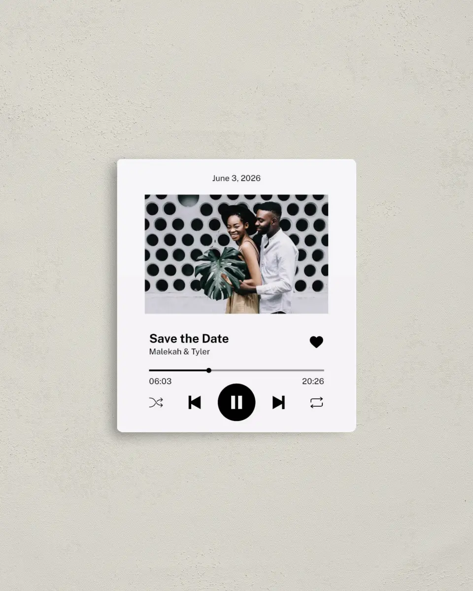This is a 3½" x 4" Save the Date Magnet called Our Song printed in full color with a Luxe Satin finish