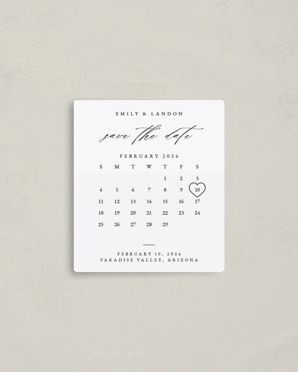 This is a 3½" x 4" Save the Date Magnet called Lovely Calendar printed in full color with a Luxe Satin finish