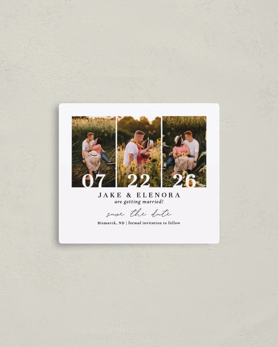 This is a 3½" x 4" Save the Date Magnet called Sweetest Day printed in full color with Rose Gold foil and a Luxe Satin finish