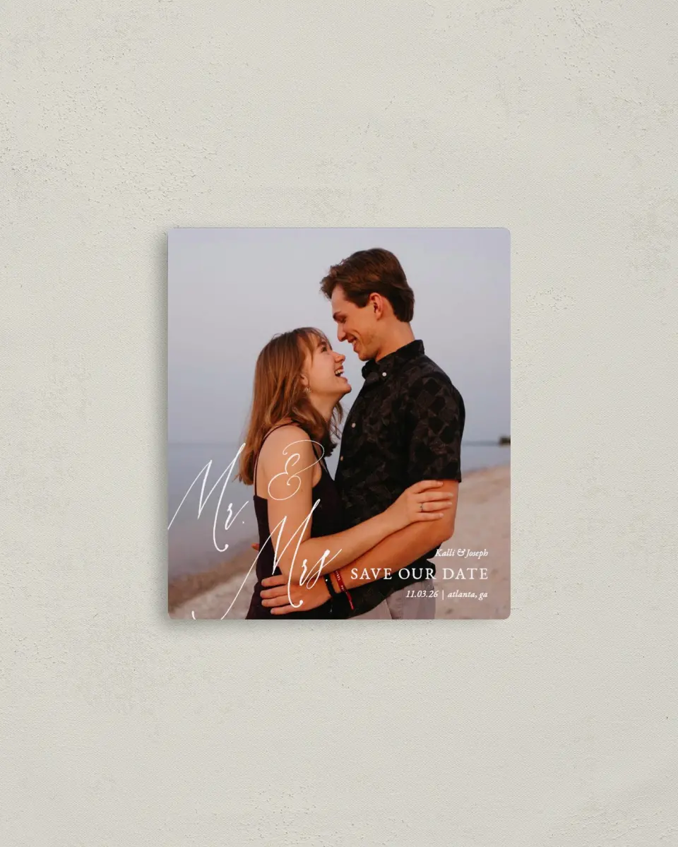 This is a 3½" x 4" Save the Date Magnet called Future Mr. & Mrs. printed in full color with a Luxe Satin finish