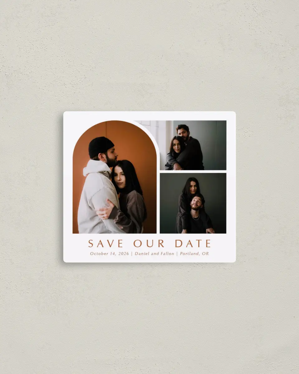 This is a 3½" x 4" Save the Date Magnet called Arched Collage printed in full color with a Luxe Satin finish