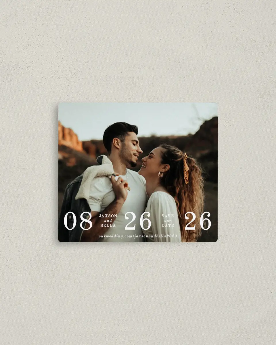 This is a 3½" x 4" Save the Date Magnet called Immense Date printed in full color with a Luxe Satin finish