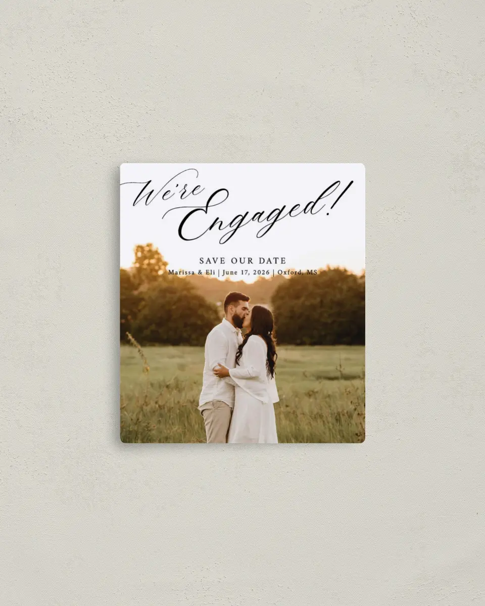 This is a 3½" x 4" Save the Date Magnet called Elegant Engagement printed in full color with a Luxe Satin finish