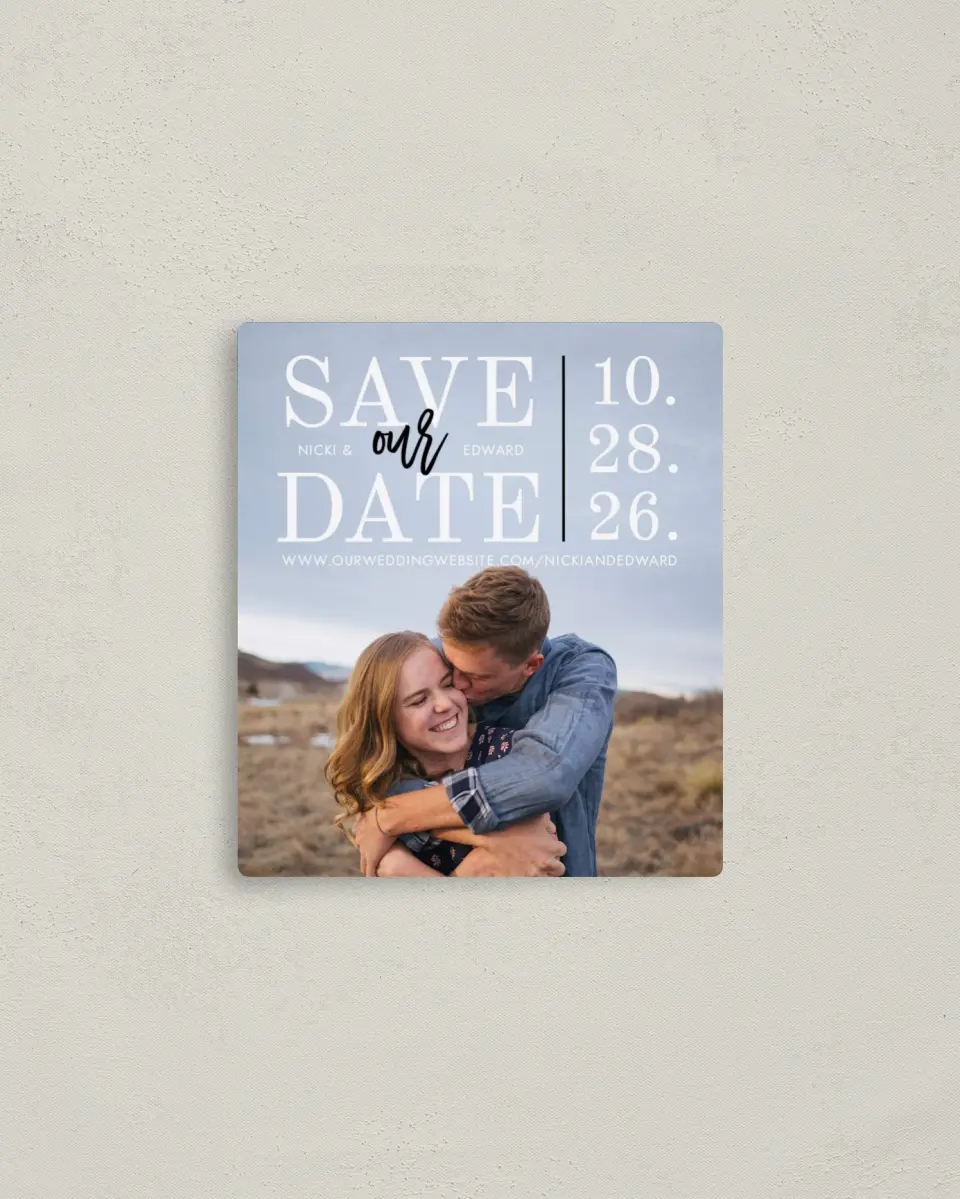 This is a 3½" x 4" Save the Date Magnet called Intertwined Delight printed in full color with a Luxe Satin finish