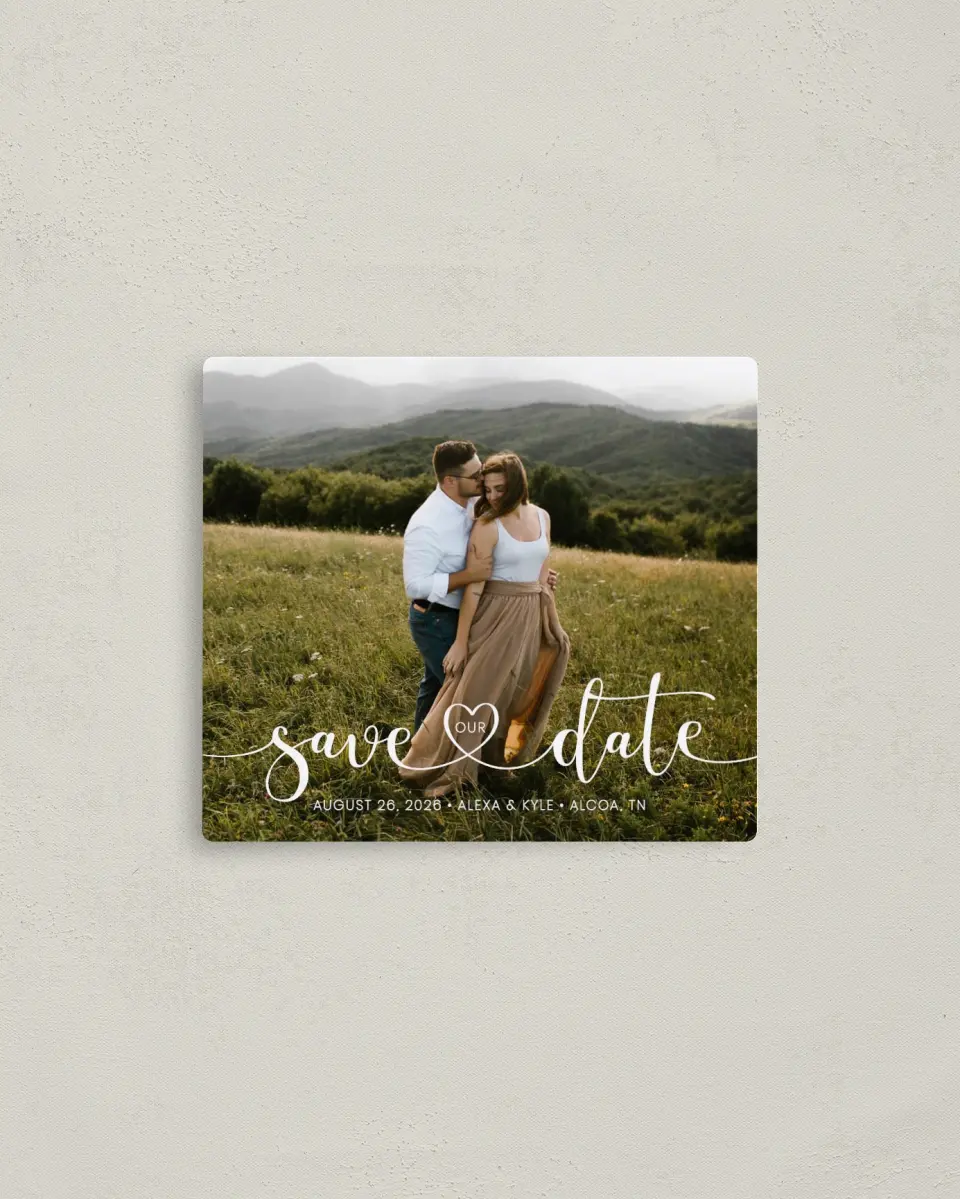 This is a 3½" x 4" Save the Date Magnet called Entwined Heart printed in full color with a Luxe Satin finish